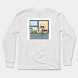 Skeleton drinking wine in house with windows Long Sleeve T-Shirt